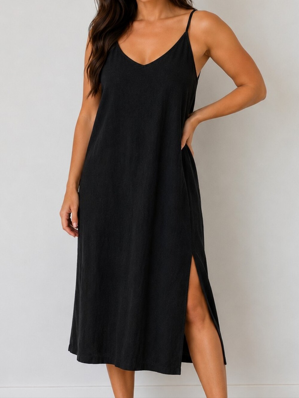 NWT Studio B by Bobeau Black Slub V-Neck Midi Slip Dress L